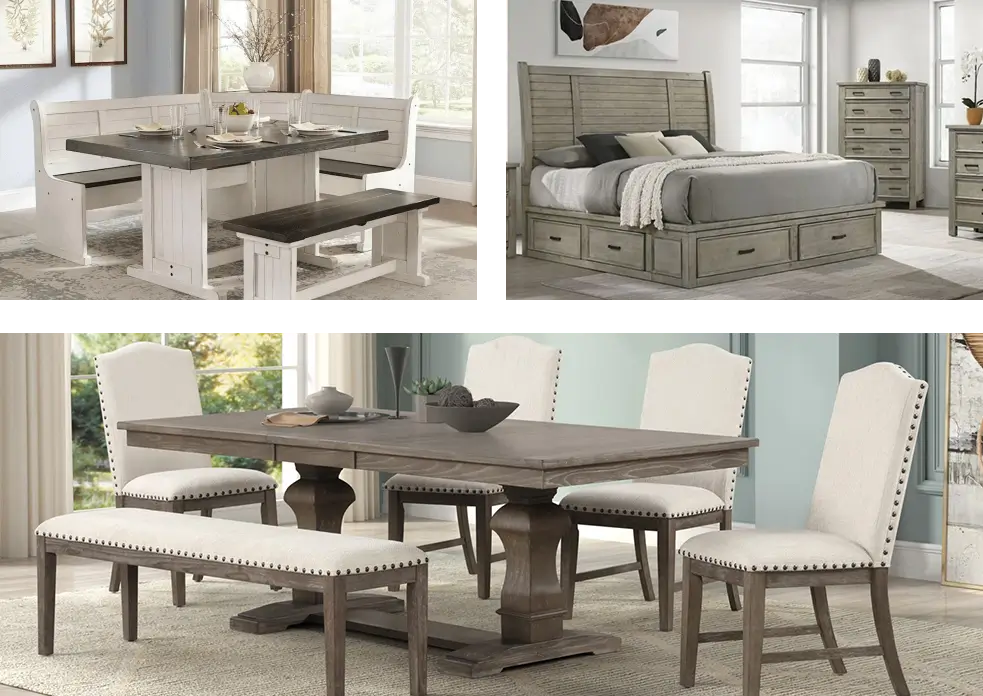 A collage of three furniture settings