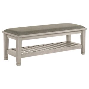 Franco Fabric Upholstered Bench with Shelf Distressed White Franco Fabric Upholstered Bench with Shelf Distressed White